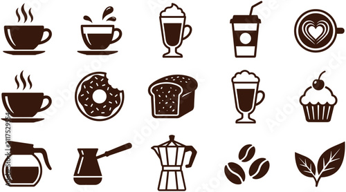 Foto Set of coffee and breakfast food icons in flat brown style.