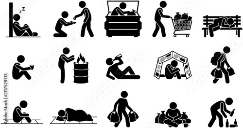 Set of stick figure icons depicting homeless people and social poverty.