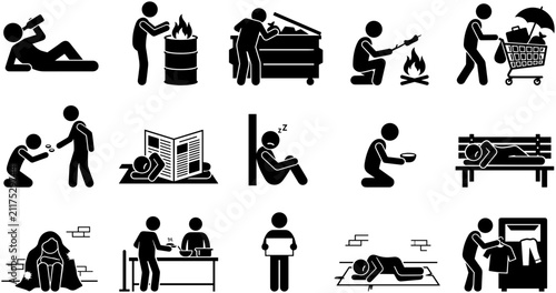 Set of stick figure icons depicting homeless people and poverty situations.