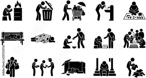 Set of black and white icons depicting homelessness and poverty struggles.