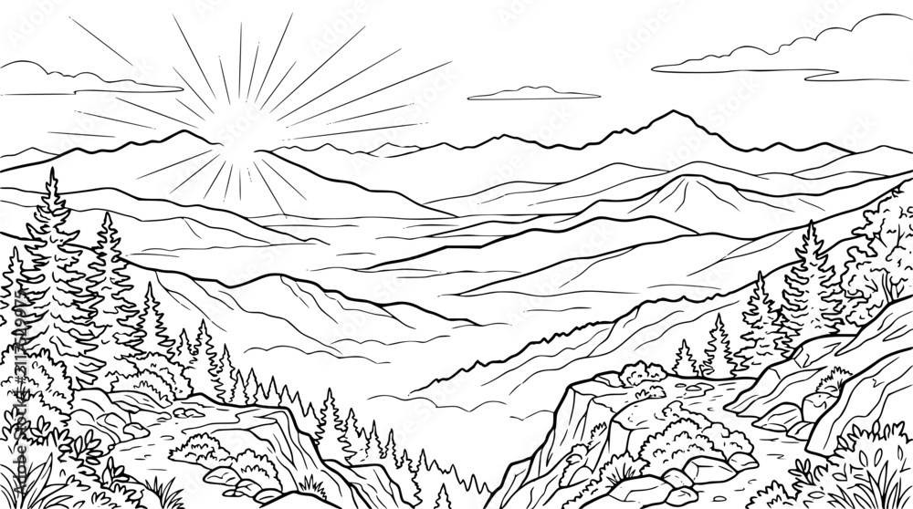 Fototapeta premium Scenic Mountain Valley at Sunrise Line Art Coloring Page