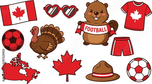 Obraz na płótnie Canada Patriotic National Symbol and Sports Vector Icon Set with Flag, Map, Beav