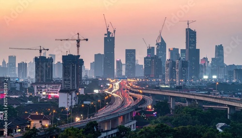 Modern Cityscape at Dusk with Construction Cranes and Traffic Trails