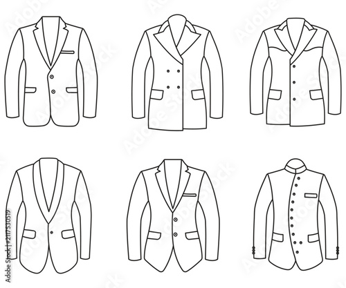 Blazer Jacket Outline Set, Formal Suit Coat Line Art Vector Collection, blazer jacket waistcoat and trousers for professional apparel design and tailoring.