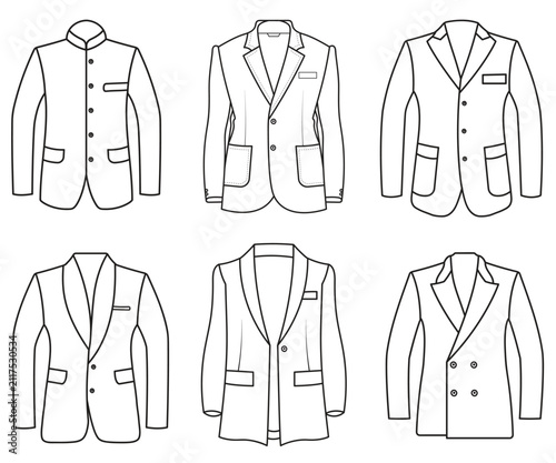 Blazer Jacket Outline Set, Formal Suit Coat Line Art Vector Collection, blazer jacket waistcoat and trousers for professional apparel design and tailoring.