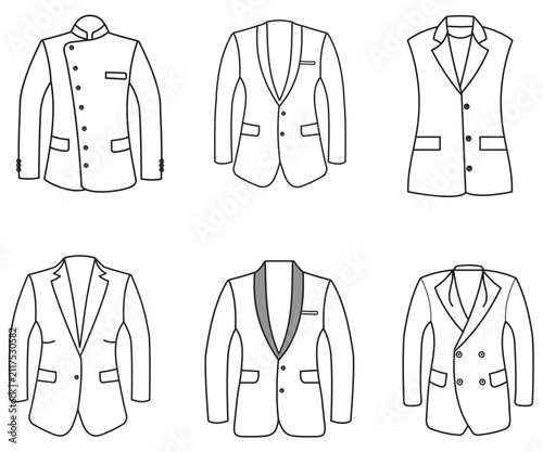 Blazer Jacket Outline Set, Formal Suit Coat Line Art Vector Collection, blazer jacket waistcoat and trousers for professional apparel design and tailoring.