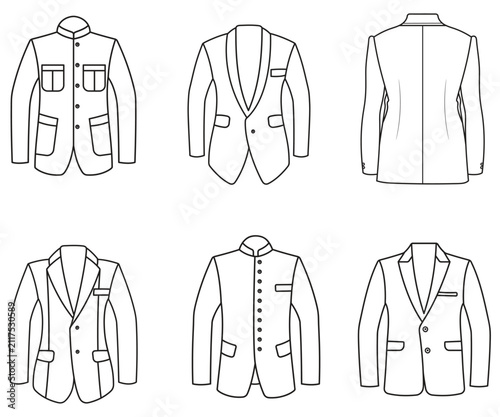 Blazer Jacket Outline Set, Formal Suit Coat Line Art Vector Collection, blazer jacket waistcoat and trousers for professional apparel design and tailoring.