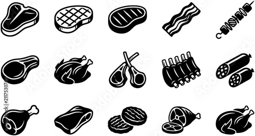 Bild auf Leinwand Set of black and white meat product icons.