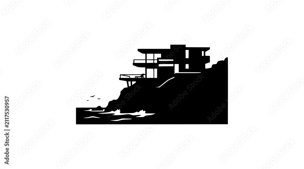 Naklejka premium Modern Cliffside House Overlooking Ocean Waves Silhouette Illustration