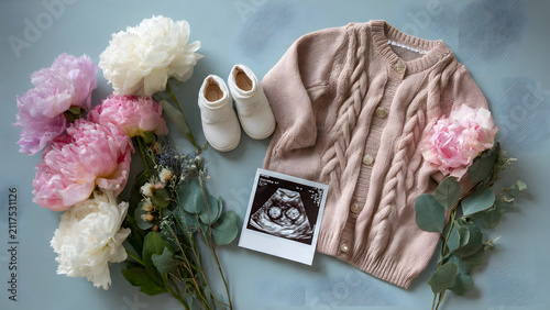 Pregnancy announcement flat lay with baby cardigan, shoes, ultrasound photo, and pink peonies for expecting parents