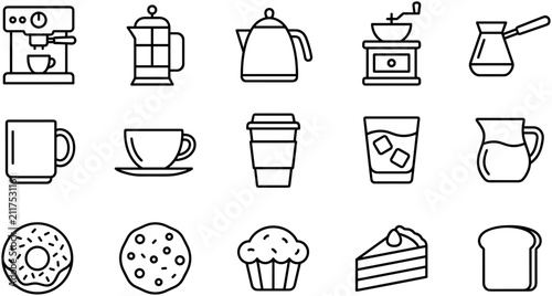 Obraz na płótnie Set of outline icons representing coffee shop items and bakery goods