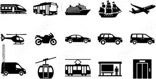 Set of Various Transportation and Travel Icons.