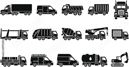 Set of various black and white heavy industrial truck and construction vehicle icons.