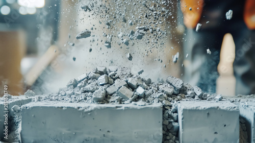 Concrete rubble demolition construction testing engineer dust fracture, crushed cement block bursts apart during lab experiment, showing impact damage and material failure
