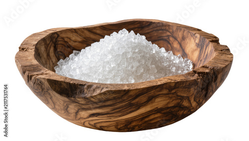 Canvastavla Coarse sea salt crystals piled high in a rustic olive wood bowl, isolated on tra