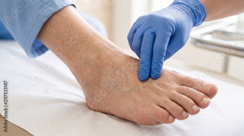 Ultra realistic close-up of healthcare professional checking foot pulse in diabetic patient
