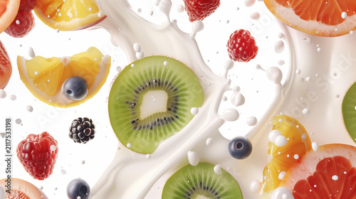 Mixed fruit creamy yogurt pour splash macro kiwi raspberry on white background, fresh citrus blueberry blackberry mango in dynamic milk swirl, healthy breakfast dessert concept