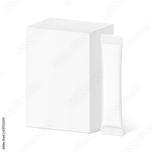 Blank package stick sachet mockup with paperboard box mockup for design, branding, presentation of food, pharmacy product. 3D hight realistic vector illustration isolated on white background. EPS10.