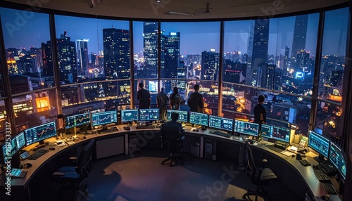 Modern Control Room at Night with Cityscape View, Multiple Monitors Displaying Financial Data and Analytics