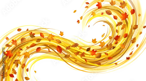Abstract yellow wind swirls with autumn leaves isolated on PNG background.