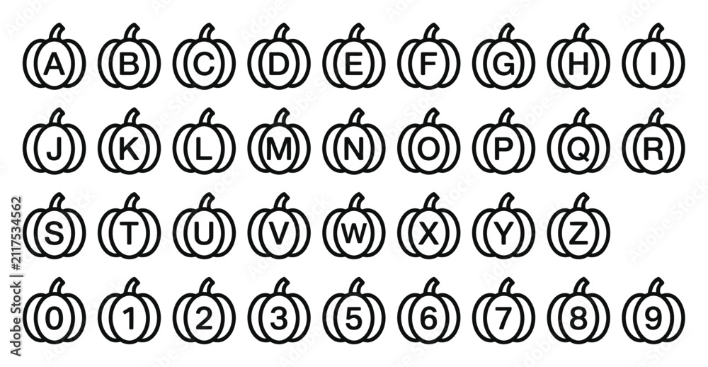 Fototapeta premium ハロウィーン教育用のかわいいカボチャ内のアルファベットと数字セット