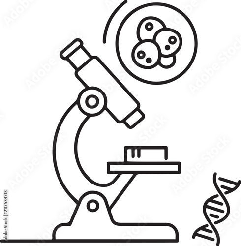 Microscope with bio cells in ocular. Education and research concept. One line Art icon drawing Vector