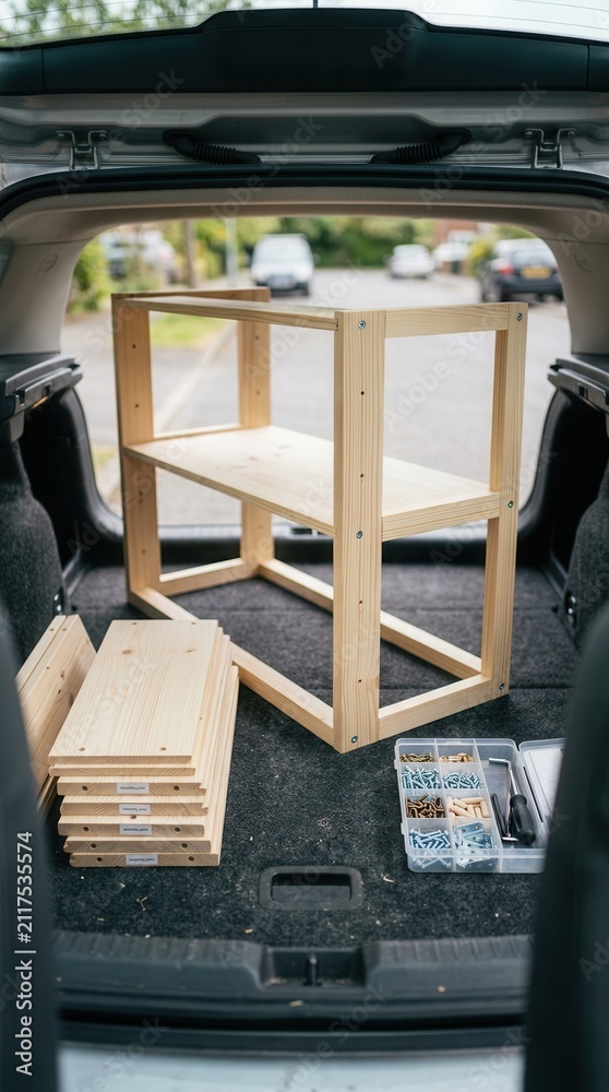 Fototapeta premium A minimalist pine bookshelf structure rests inside a car trunk