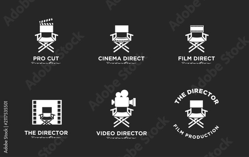 Collection of Film Director and Production Logos with Director's Chair, Clapperboard, Film Strip, and Video Camera Icons for Cinema and Video Branding