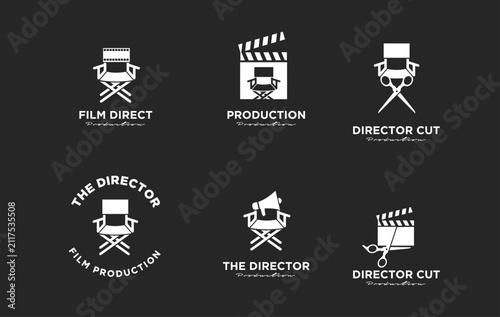 Collection of Film Production and Director Movie Cinema Logos with Iconic Elements: Director's Chair, Clapperboard, Scissors, and Megaphone