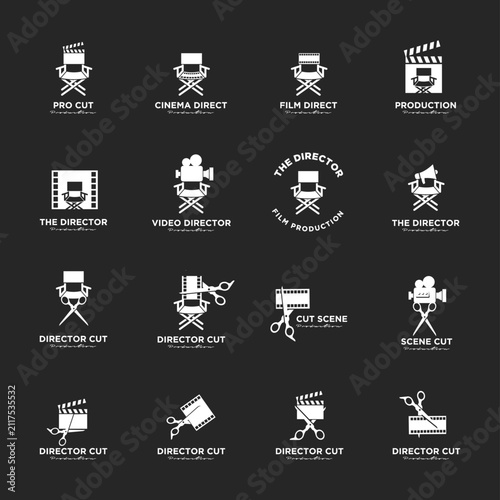 Film Production and Cinema Director Logos Set. Collection of Movie and Video Production Icons with Director's Chairs, Clapperboards, Cameras, and Editing Scissors.