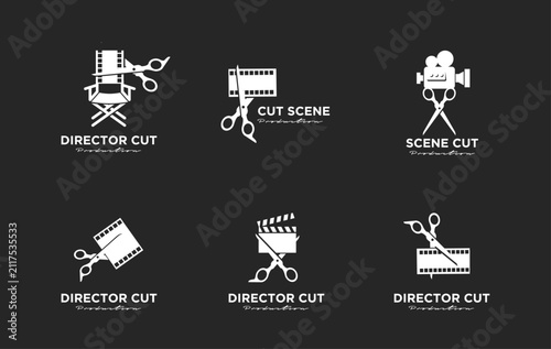 Movie Production Logo Concepts featuring Scissors, Filmstrip, Clapperboard, Director's Chair, and Camera Icons