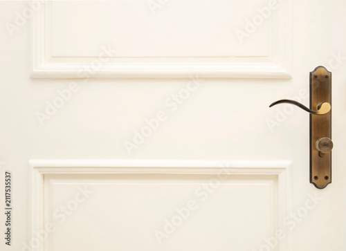 Modern style door handle on white wooden door