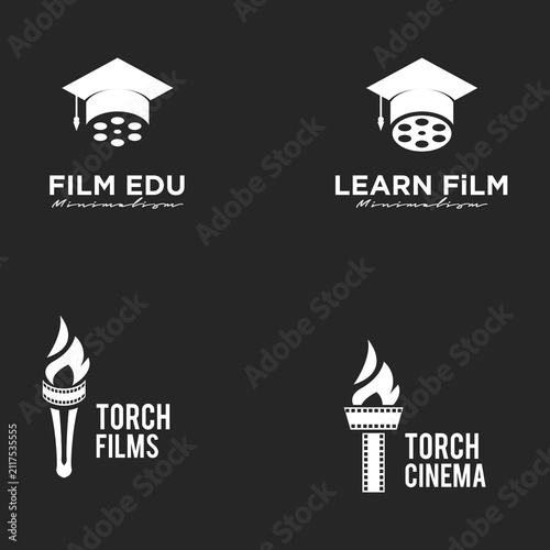 Film Education and Cinema Logo Collection. Minimalist white vector designs with graduation cap, film reel, torch, and film strip on dark background.