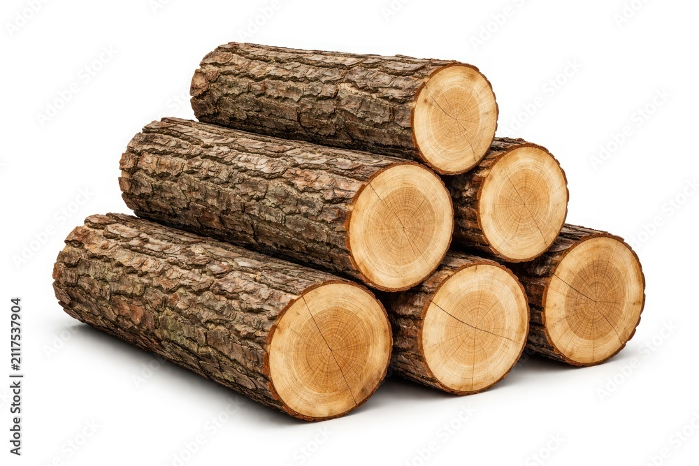 Obraz premium Stacked logs with bark texture.