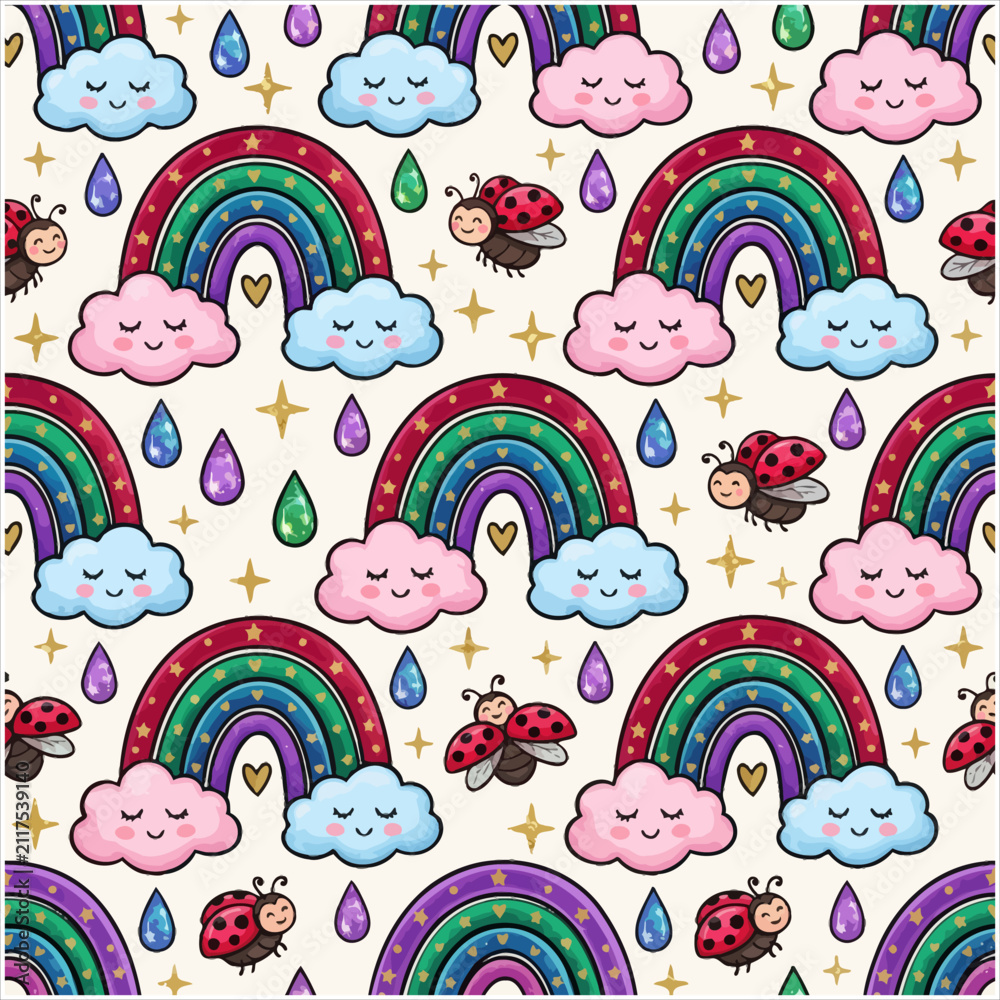Fototapeta premium Seamless vector pattern with cute ladybugs and rainbows and smiling clouds for kids room decor