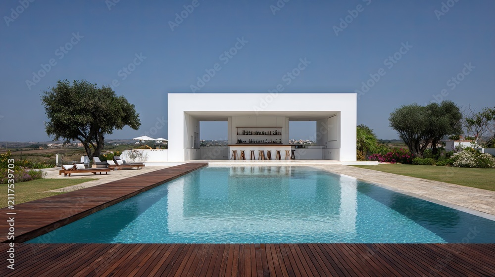 Fototapeta premium Modern poolside scene with clear water reflecting a bright summer sky