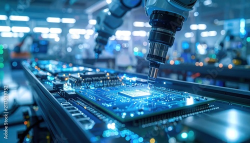 Automated Robotic Arm Assembling Advanced Microchip Circuit Board in Modern Electronics Factory