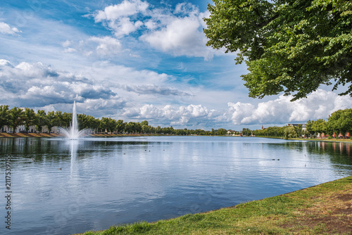 Pfaffenteich Pond, located in the heart of Schwerin, with its fountain