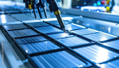 Automated robotic arm performing precise welding on solar panel manufacturing line in a modern factory.