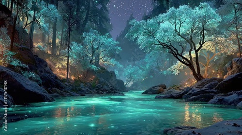 Glowing river in forest landscape.