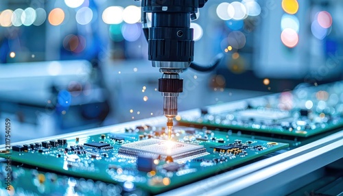 Automated Robotic Arm Assembling Circuit Board with Microchip Components in Modern Factory Production Line