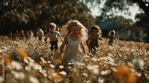 Children playing in flower field.