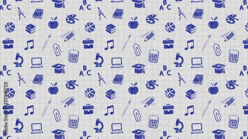 Back to School Blue Doodle Pattern on Graph Paper Texture Loop