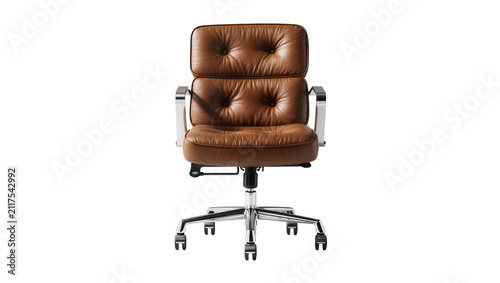 Obraz na plátne Tufted brown leather executive office chair with chrome accents, isolated on tra