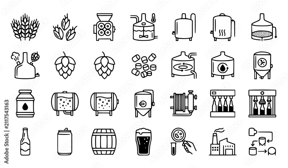 Fototapeta premium Craft Beer Brewing Process Icon Set Production Stages Thin Line Editable Stroke Vector Collection