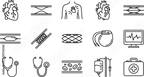Cuadro en lienzo Cardiology and cardiac surgery line icon set with heart disease angioplasty sten
