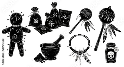 Konstfotografi Voodoo magic ritual icons set, black and white occult voodoo doll with pins, mys