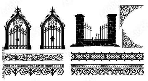 Canvastavla Gothic wrought iron gate and fence vector set, ornate architectural metal silhou