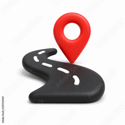 3D Rendered Winding Road with Red Map Pin Location Icon