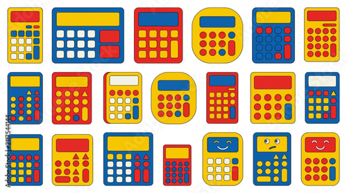 Back To School teacher day Colorful calculator icon set in primary colors, flat vector collection of 20 math tools, educational accounting and finance symbols for school isolated on White